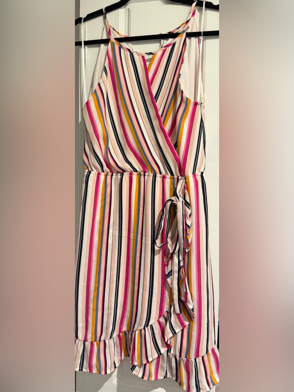 Colorful Multi-Stripe Faux Wrap Dress